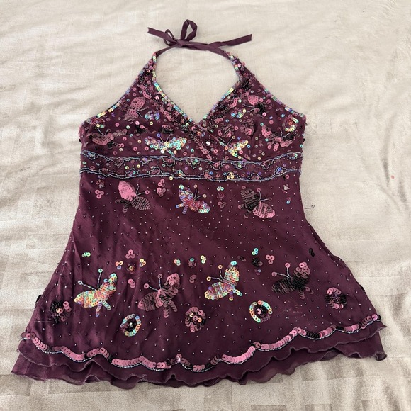 bebe Tops - VTG Y2K Bebe Sequin Butterfly Tank Top S Purple Halter Chiffon Party Cami Beaded
